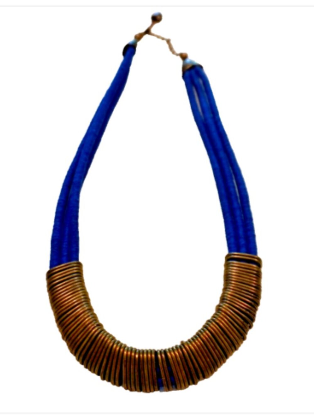Boho Blue Multi-Strand Cord Necklace with Clustered Bronze Rings